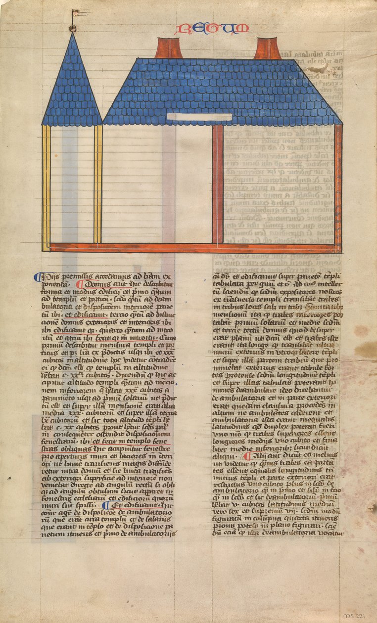 Elevazione del Tempio di Salomone, una delle sei foglie illustrate dal Postilla..., ca. 1360-1380 da Nicholas of Lyra