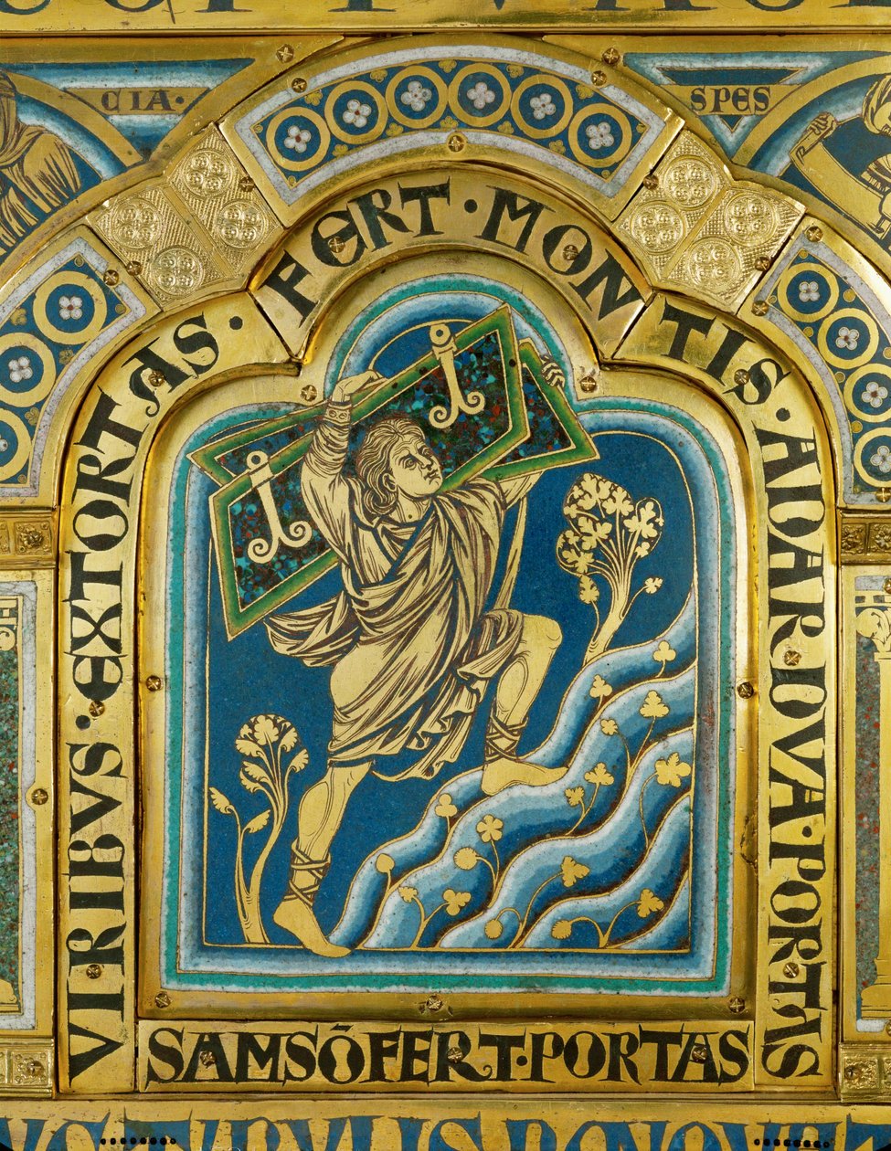 Sansone espugna le porte di Gaza, Altare di Verdun ... (smalto su rame dorato) da Nicholas of Verdun