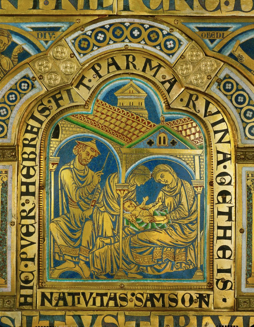 La nascita di Sansone, Manoah con un cappello da ebreo medievale... (smalto su rame dorato) da Nicholas of Verdun