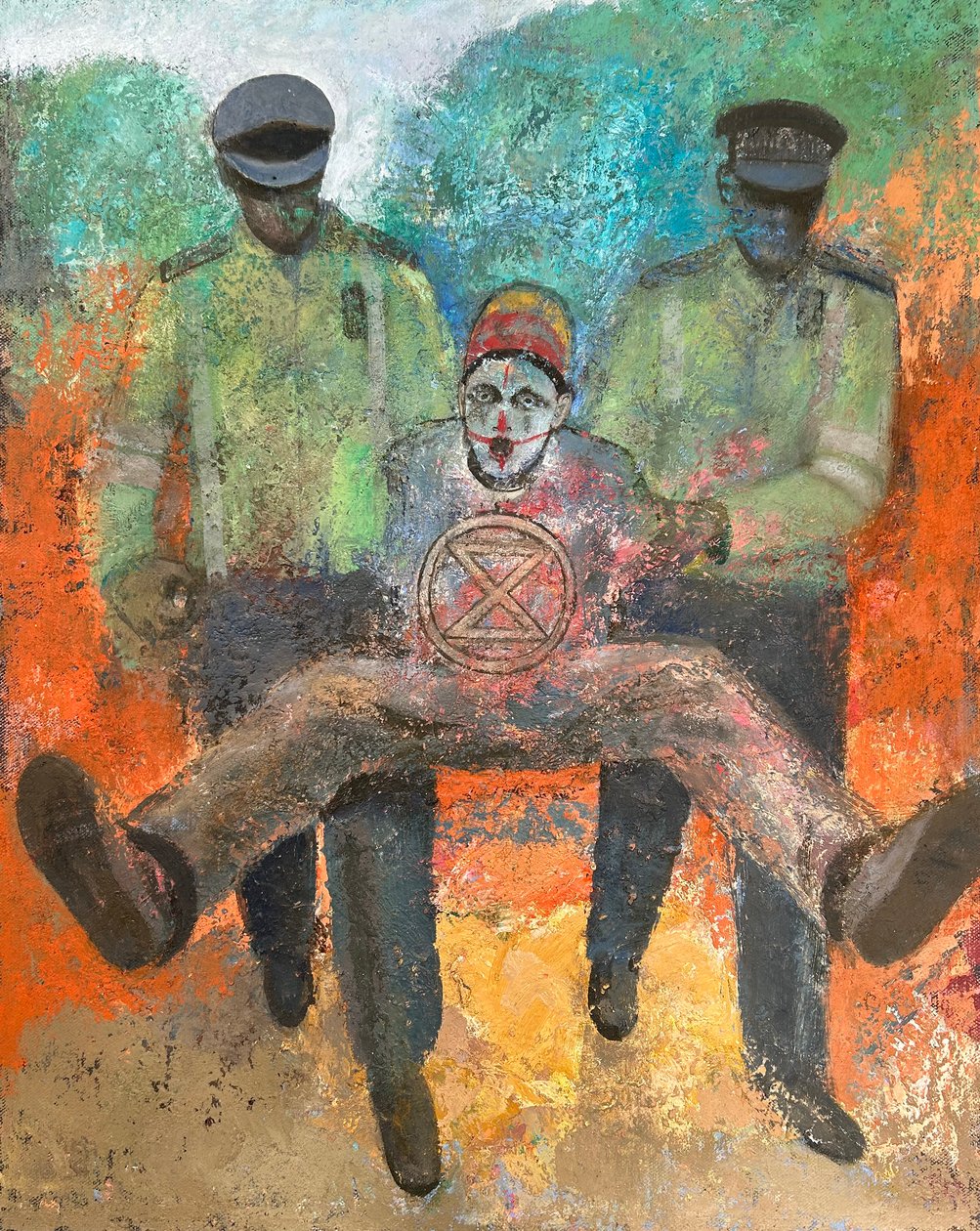 Scorta di polizia, 2022-23 (olio su tavola) da Nick Williams