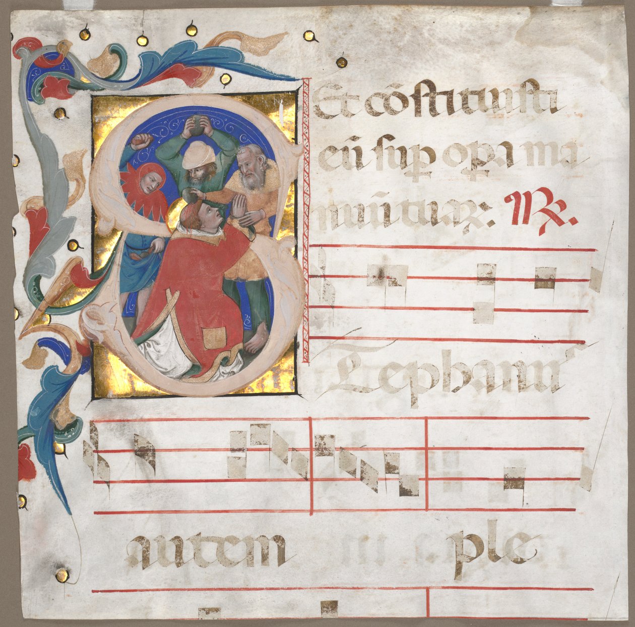 Frammento di un antifonario con iniziale istoriata (S): La lapidazione di Santo Stefano da Nicolò da Bologna
