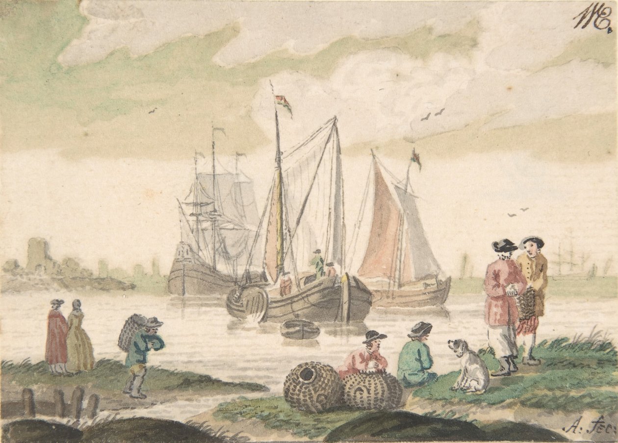 Paesaggio marino con sette figure e un cane, 1733-93 da Nicolaas Aartman