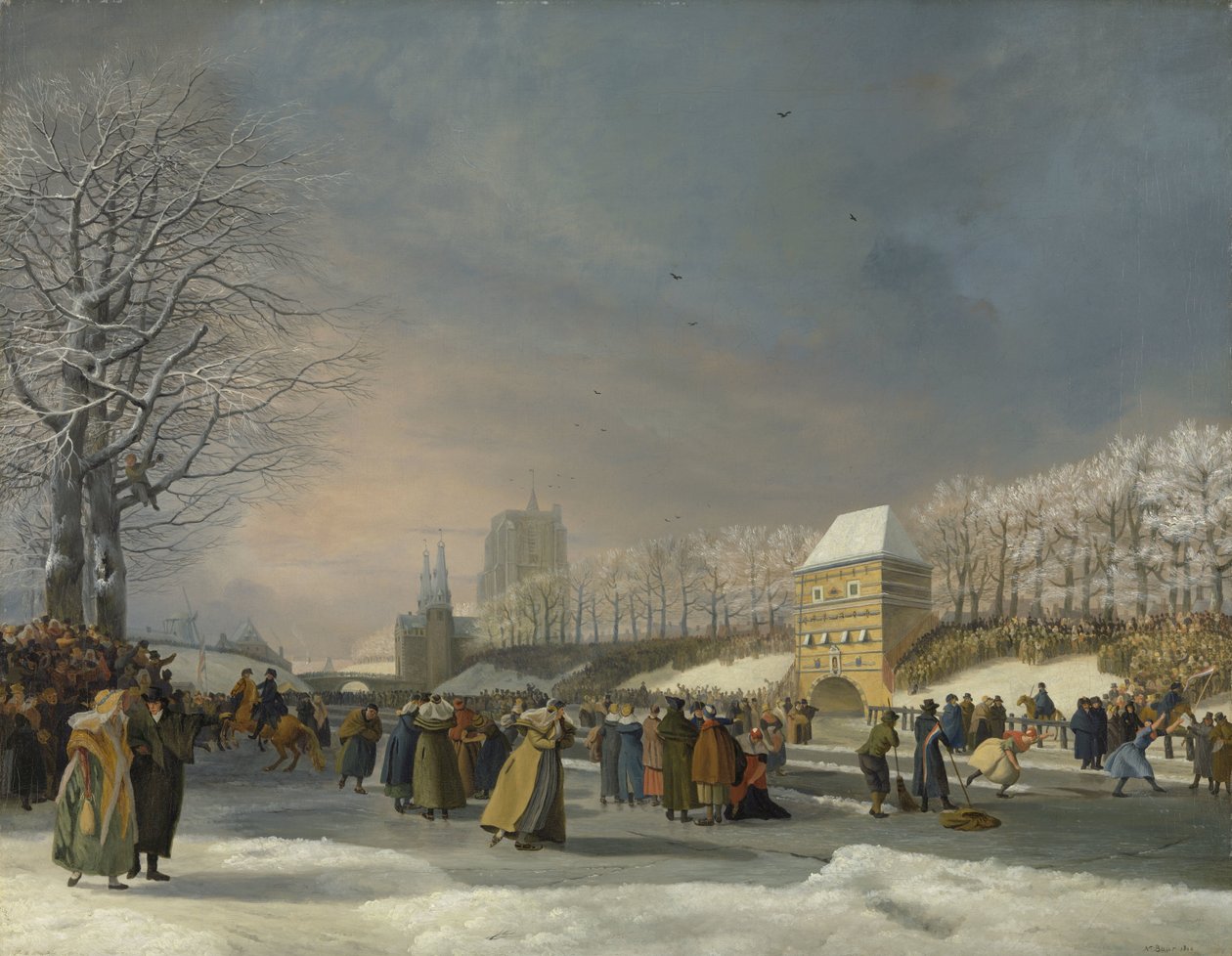 Competizione di pattinaggio femminile sullo Stadsgracht a Leeuwarden, 21 gennaio 1809 da Nicolaas Baur (signed by artist)