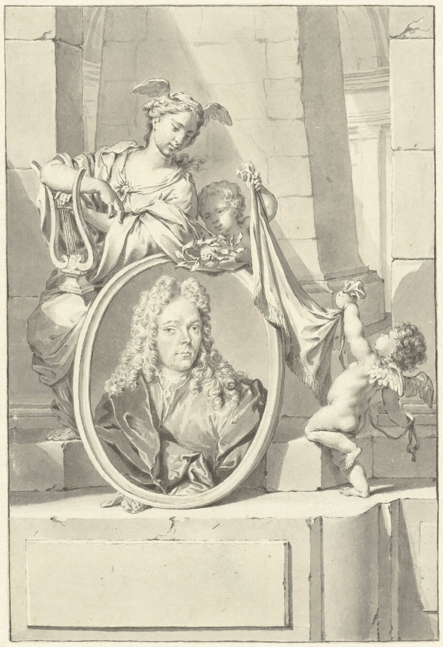 Putti e una donna vicino a un medaglione con il ritratto di Arnold Houbraken da Nicolaas Verkolje