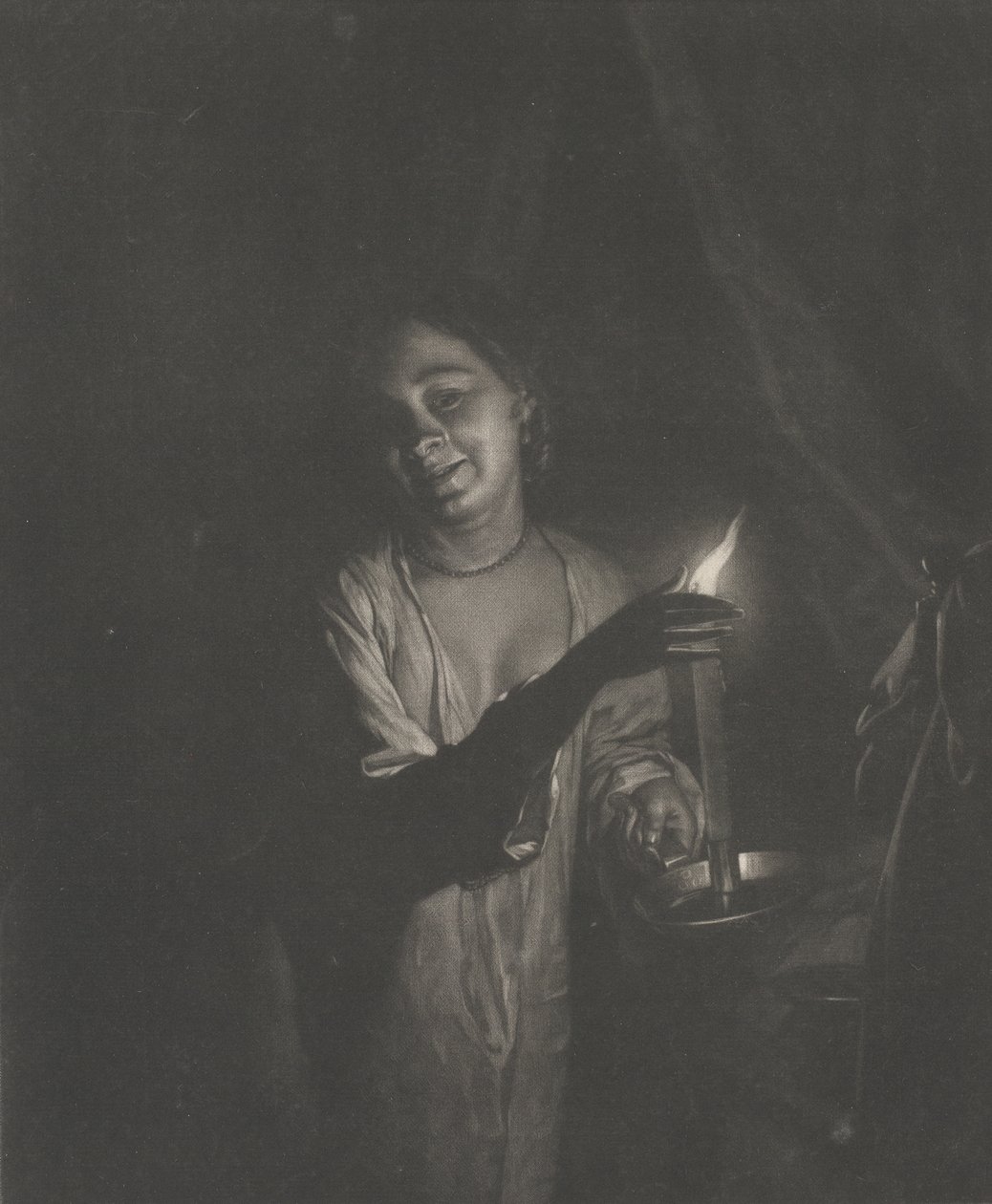 Giovane donna che tiene una candela in una camera da letto da Nicolaas Verkolje