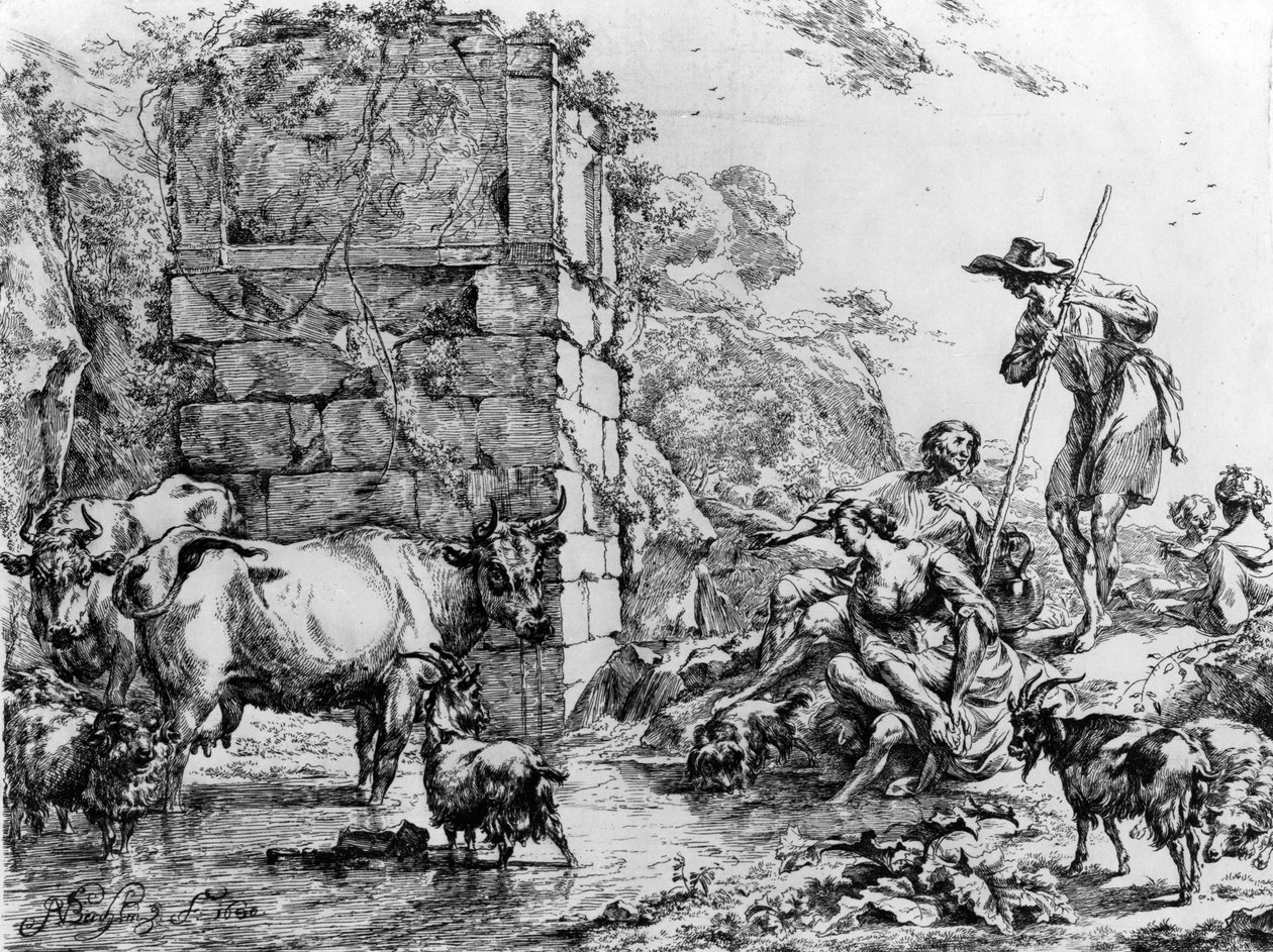 Mucche e capre che bevono a uno stagno da Nicolaes Pietersz. Berchem