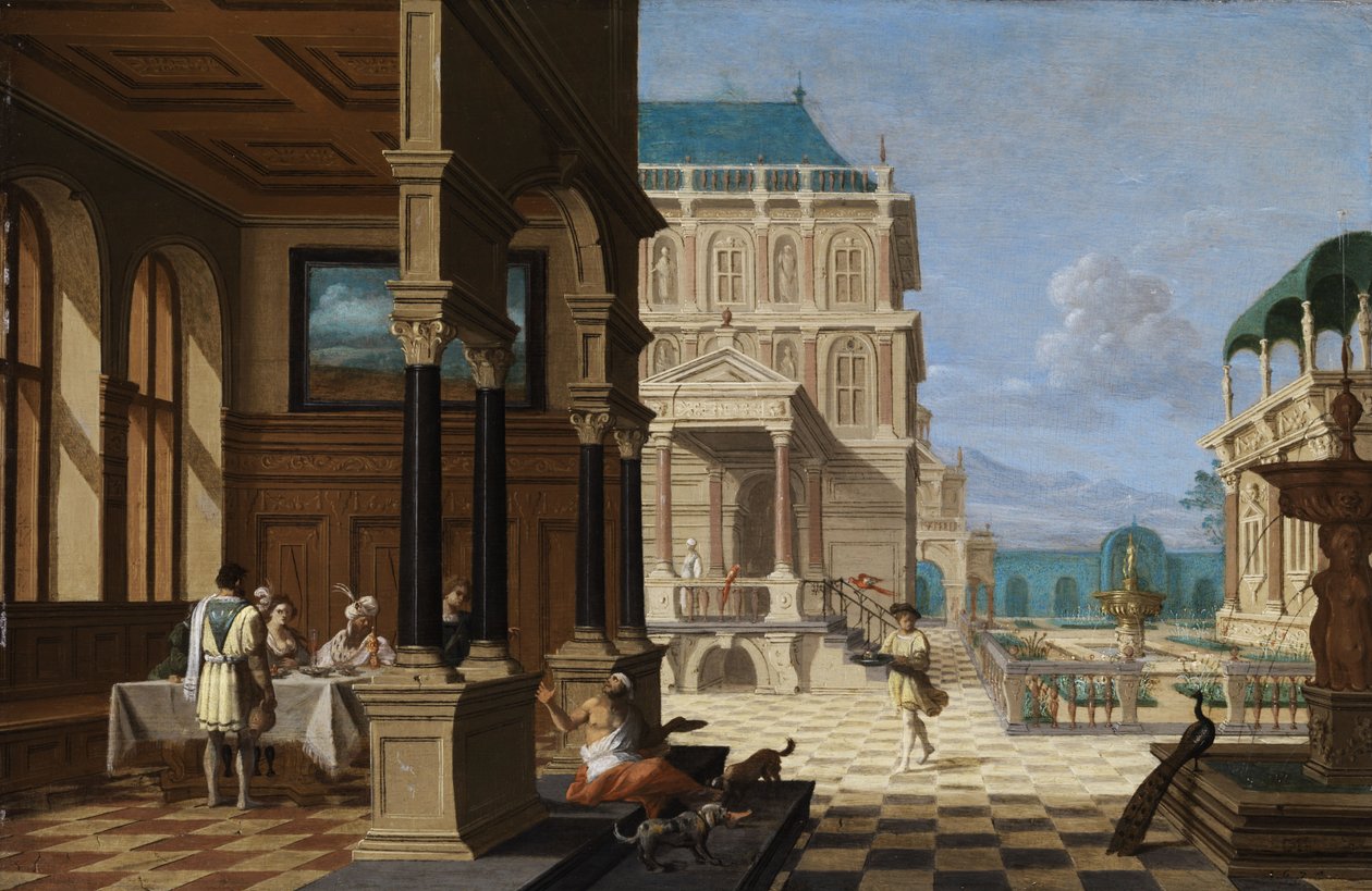 Cortile del palazzo con loggia e figure da Nicolaes de Giselaer