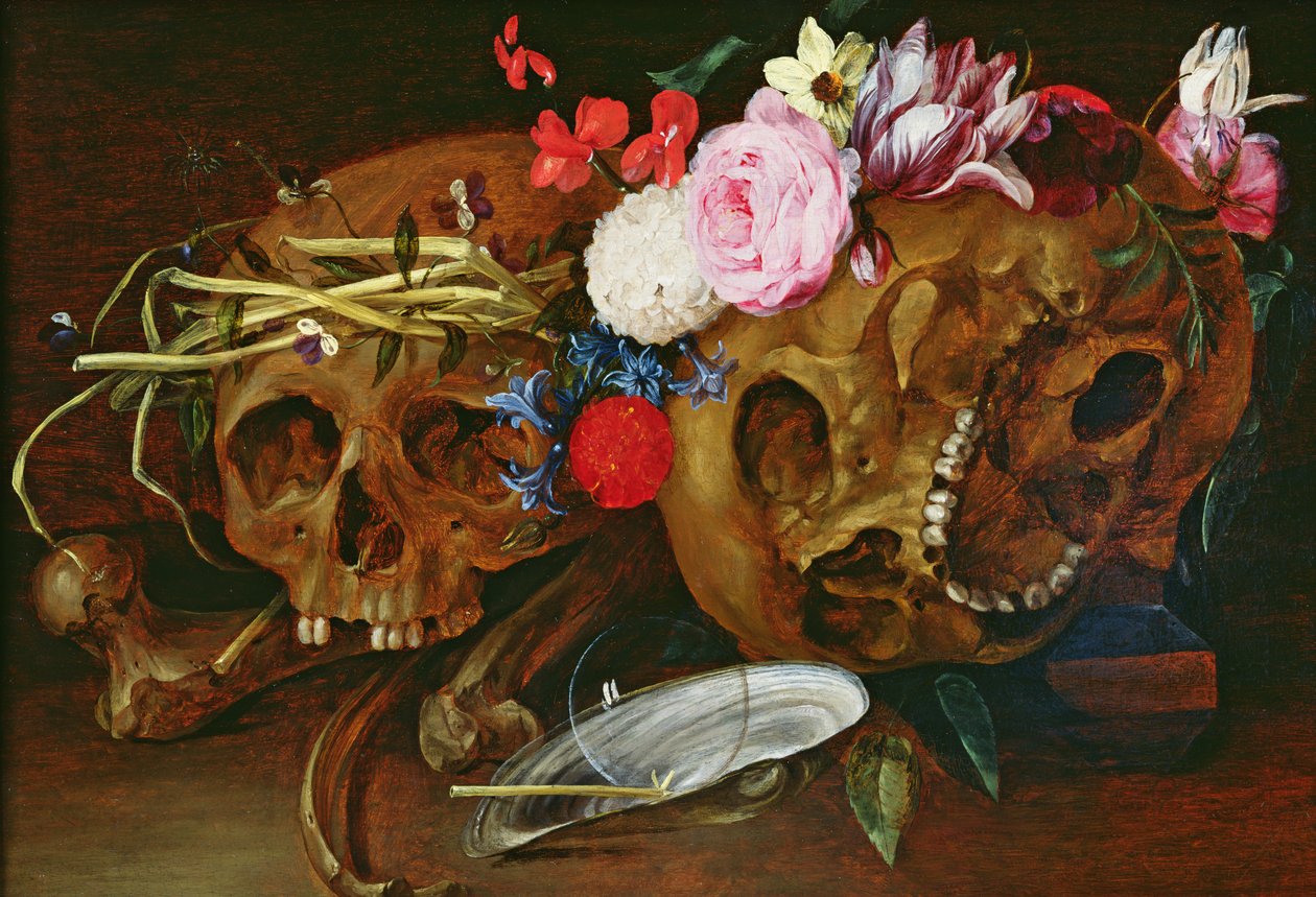 Vanitas Natura morta con teschi, fiori, una conchiglia di perla, una bolla e una paglia da Nicolaes van Veerendael