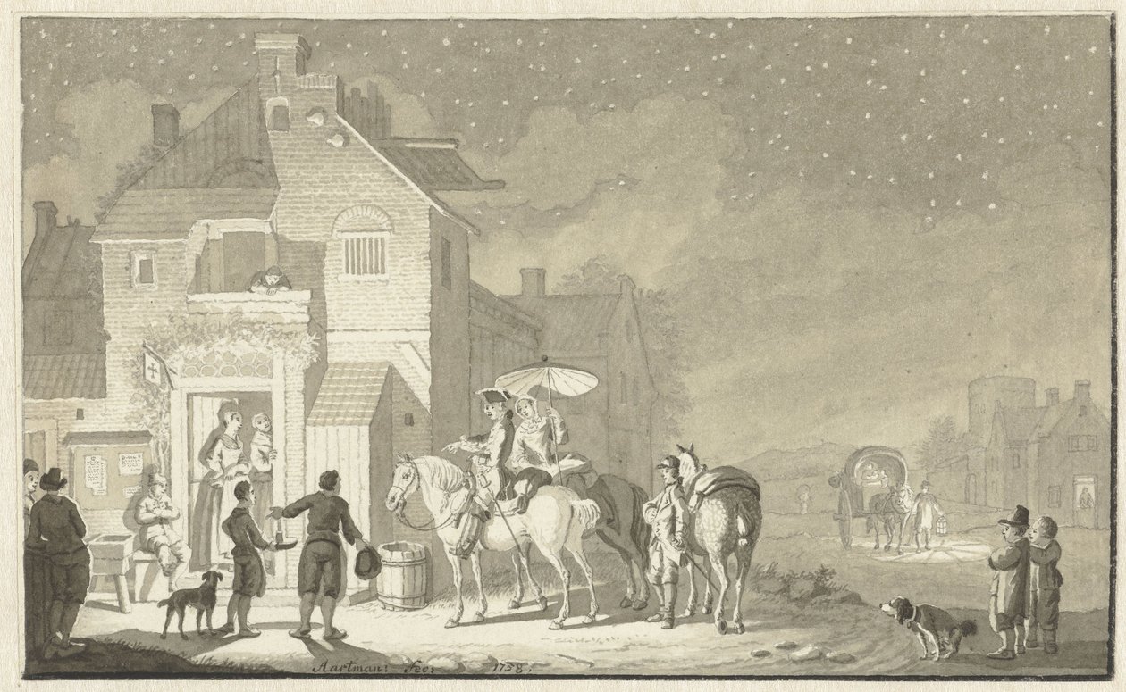 Compagnia di viaggio davanti a una locanda di sera da Nicolaes Aartman