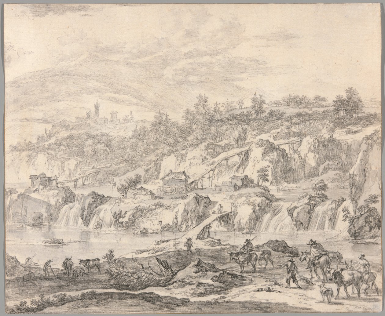 Paesaggio con cascate e ponti, contadini in primo piano da Nicolaes Berchem