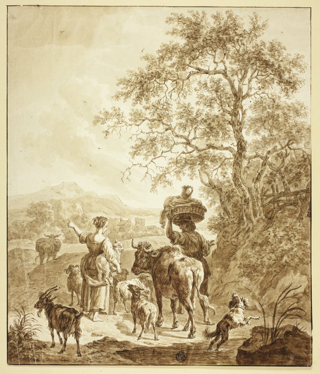 Pastorella e contadino con gregge in paesaggio italianeggiante da Nicolaes Berchem
