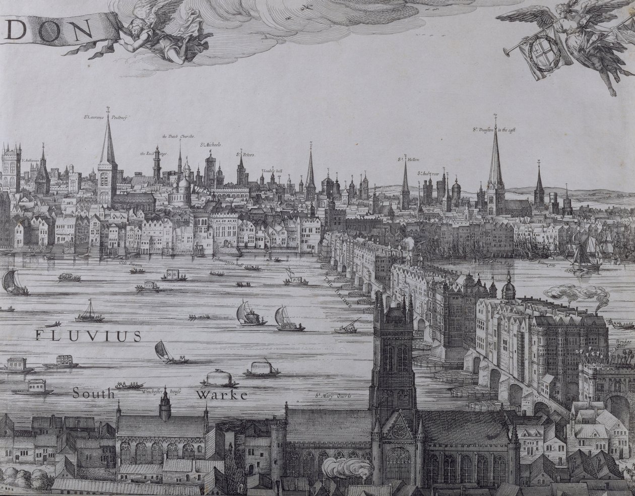 Panorama di Londra e del Tamigi, parte tre che mostra Southwark, London Bridge e le chiese della Città, c.1600 da Nicolaes Jansz Visscher