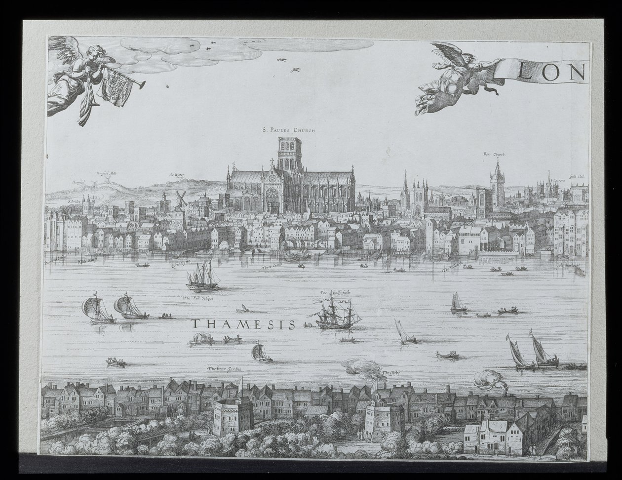Panorama di Londra e del Tamigi, parte due che mostra la Cattedrale di St. Paul e il Globe Theatre, c. 1600 da Nicolaes Jansz Visscher