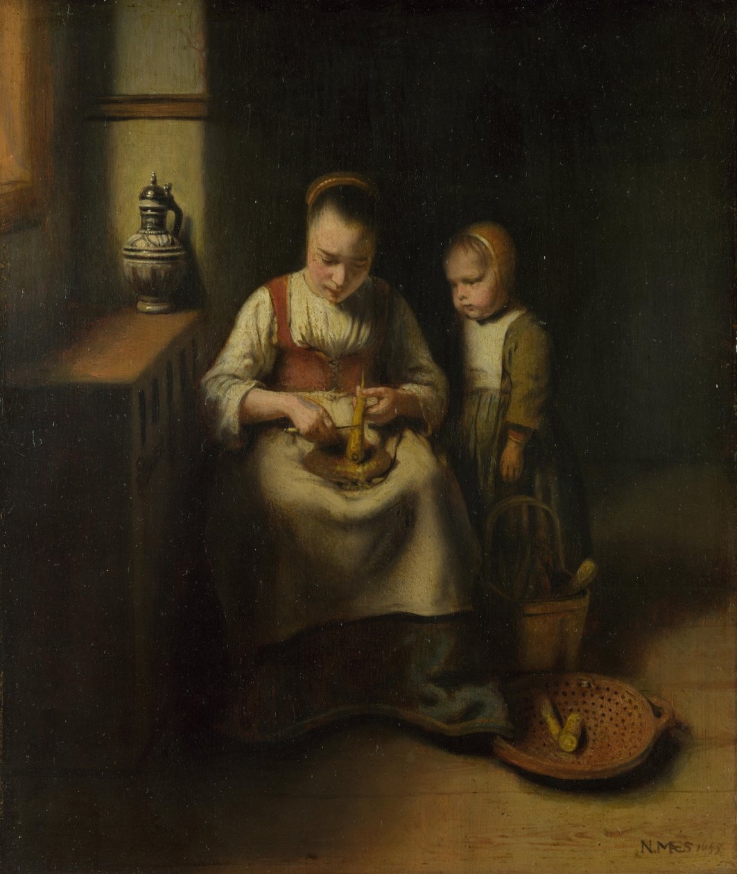 Una donna che raschia pastinache, con un bambino accanto, 1655 da Nicolaes Maes