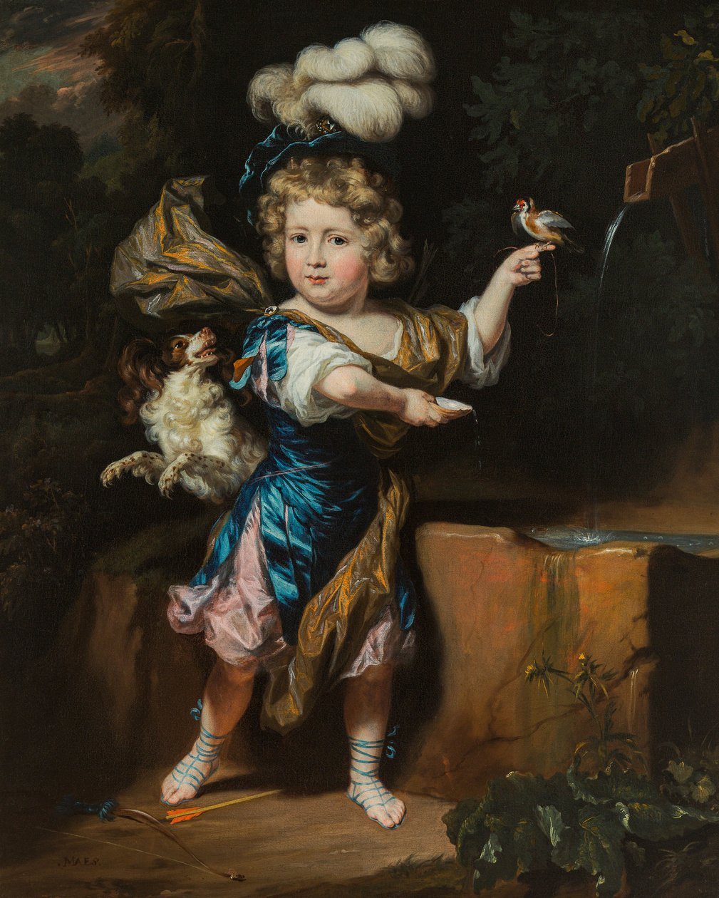 Olandese: Ragazzo con uccello e cane presso una fontana Ragazzo con uccello e cane presso una fontana da Nicolaes Maes