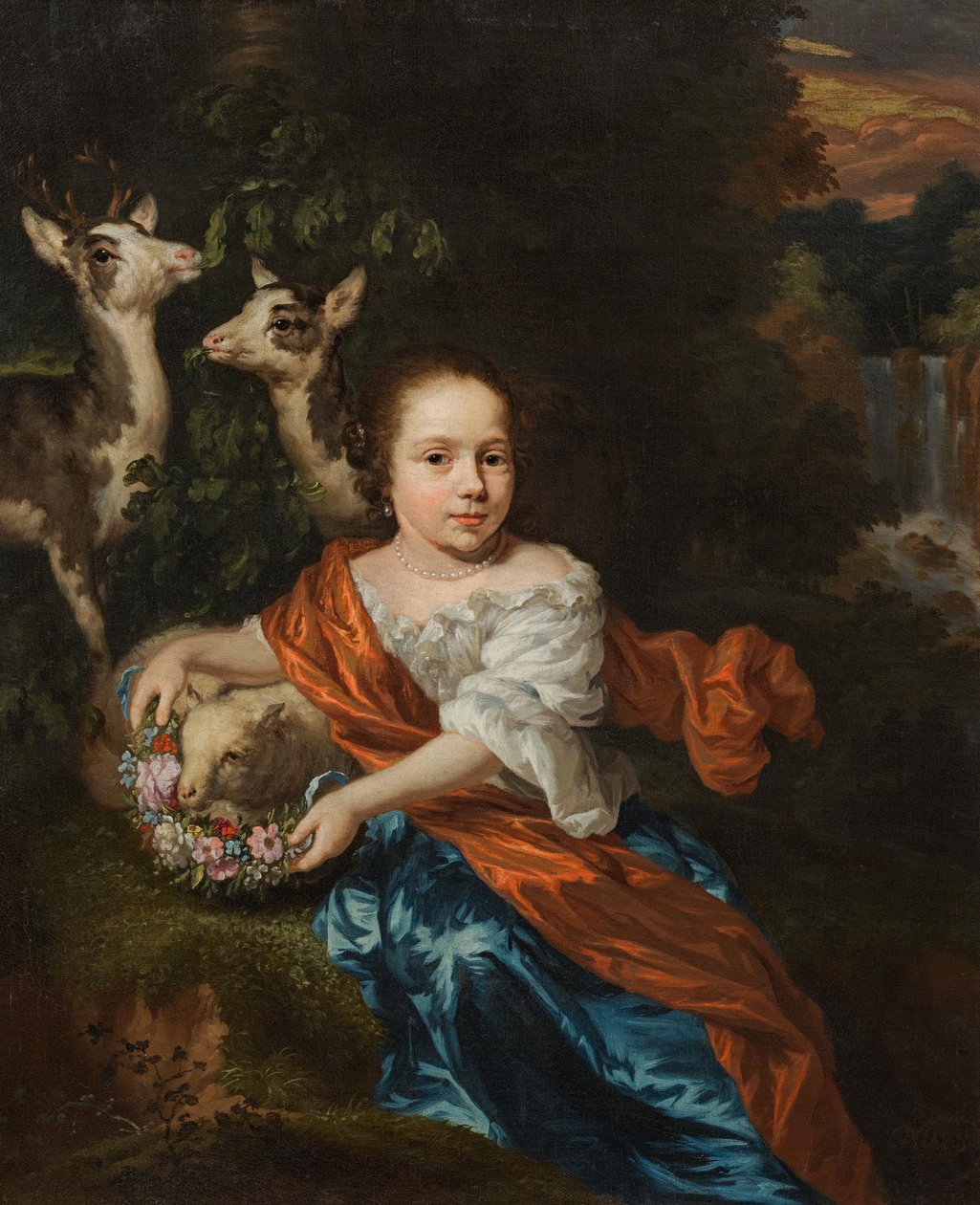 Olandese: Ragazza con agnello e cervo Ragazza con agnello e cervo da Nicolaes Maes