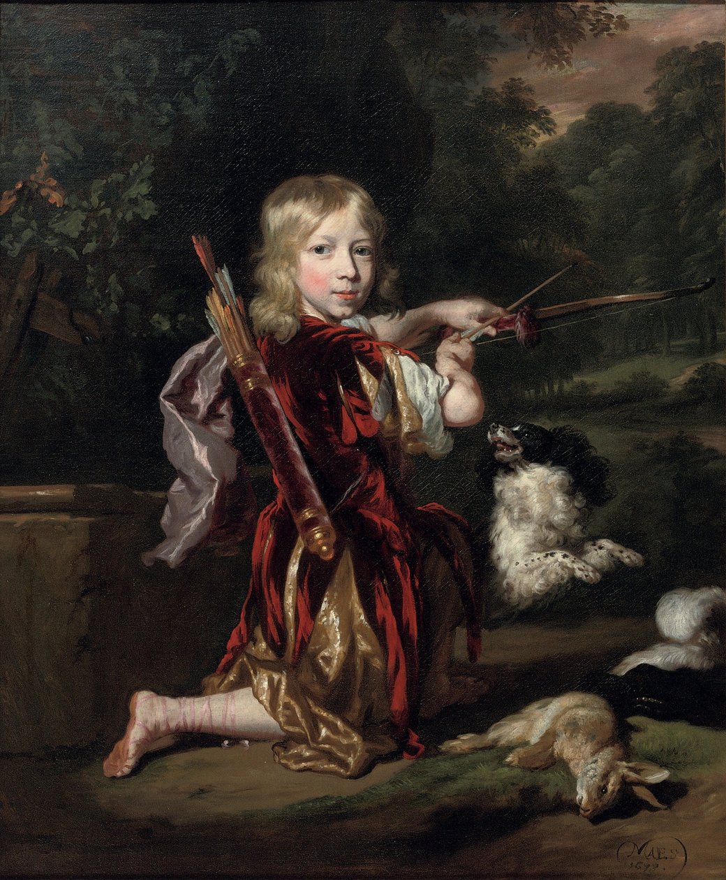 Olandese: Portret van een onbekende jongen Ritratto di un ragazzo, a figura intera, in costume di stile classico, che disegna un arco da Nicolaes Maes