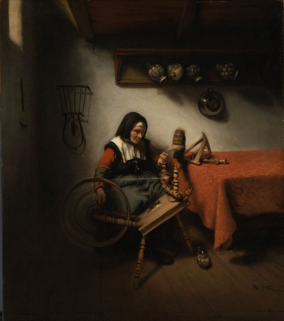 Donna anziana che gira da Nicolaes Maes