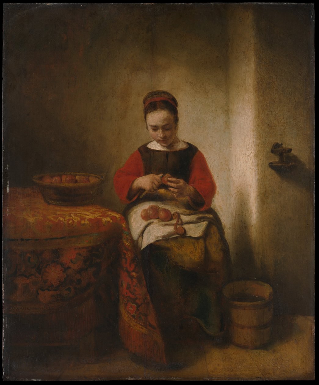 Giovane donna che sbuccia mele da Nicolaes Maes