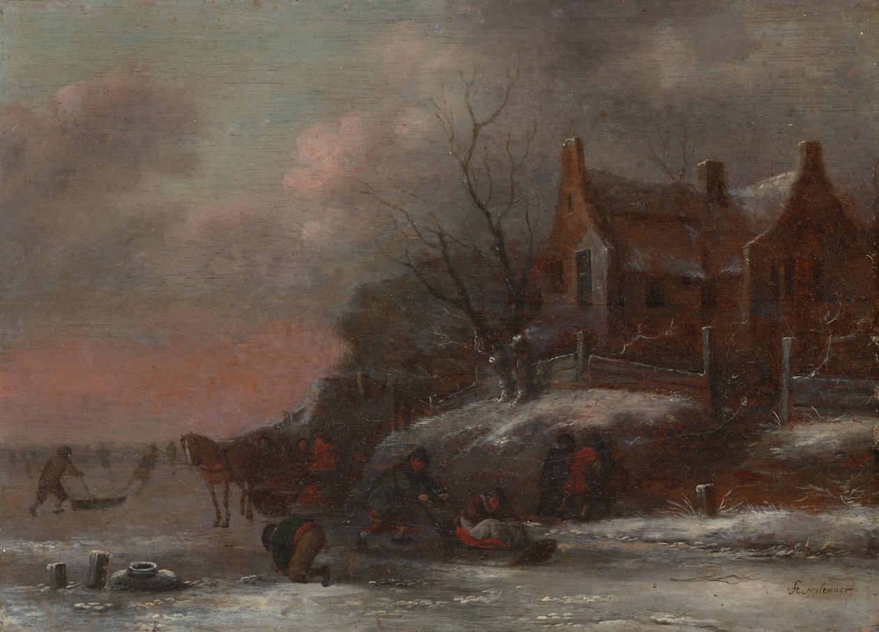 Un paesaggio invernale con figure che slittano su un fiume ghiacciato da Nicolaes Molenaer