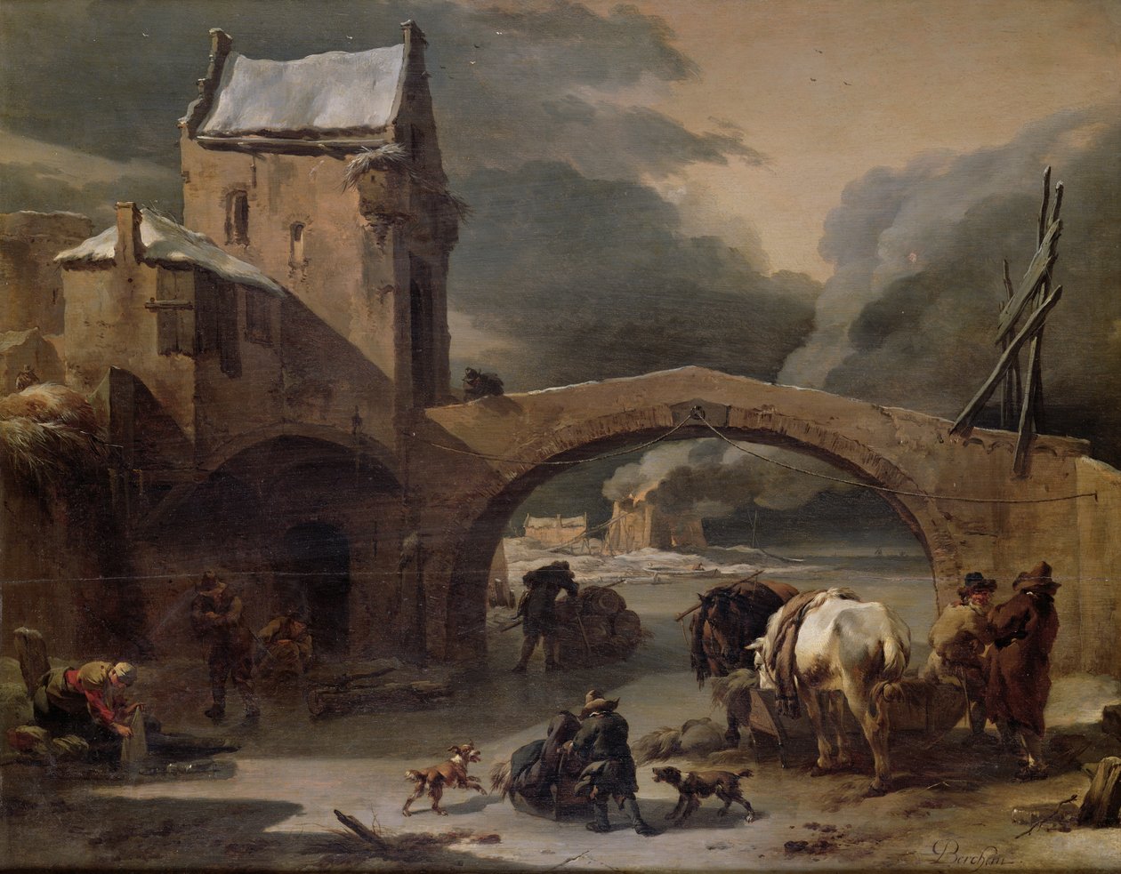 Paesaggio invernale con contadini e cavalli su un canale ghiacciato vicino a un ponte fortificato, c.1660-70 da Nicolaes Pietersz. Berchem