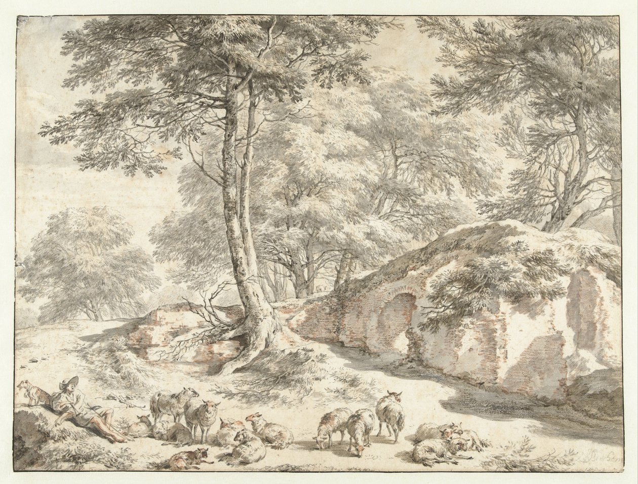 Pastore con pecore presso una rovina tra gli alberi da Nicolaes Pietersz Berchem