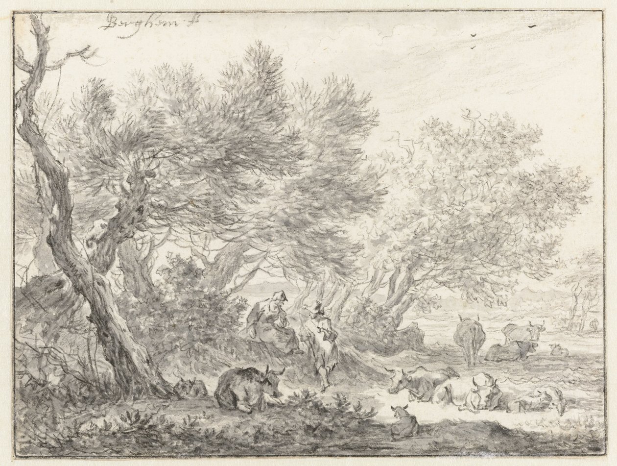 Pastori e bestiame vicino a un gruppo di alberi da Nicolaes Pietersz Berchem