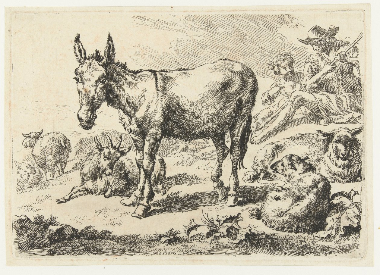 Paesaggio con asino, pecore, capra e pastori da Nicolaes Pietersz Berchem