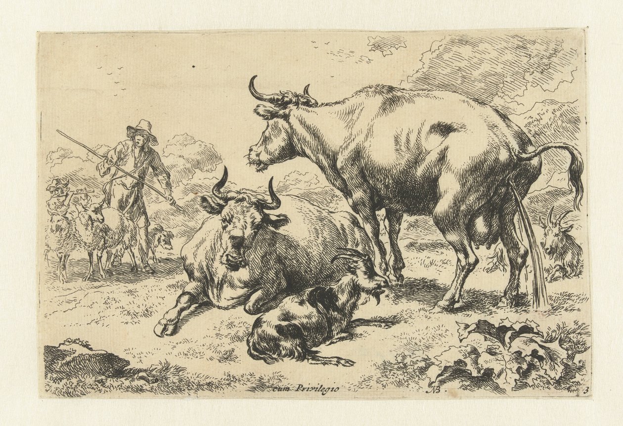 Mucca sdraiata e una che urina da Nicolaes Pietersz Berchem