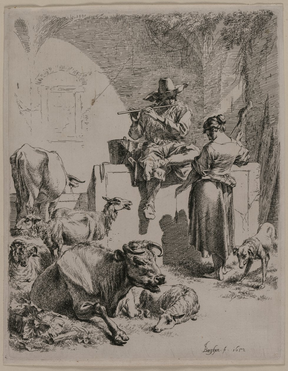 Il pastore che suona il flauto, 1652 da Nicolaes Pietersz. Berchem