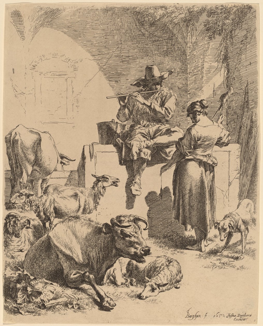 Il pastore seduto su una fontana e la filatrice da Nicolaes Pietersz Berchem