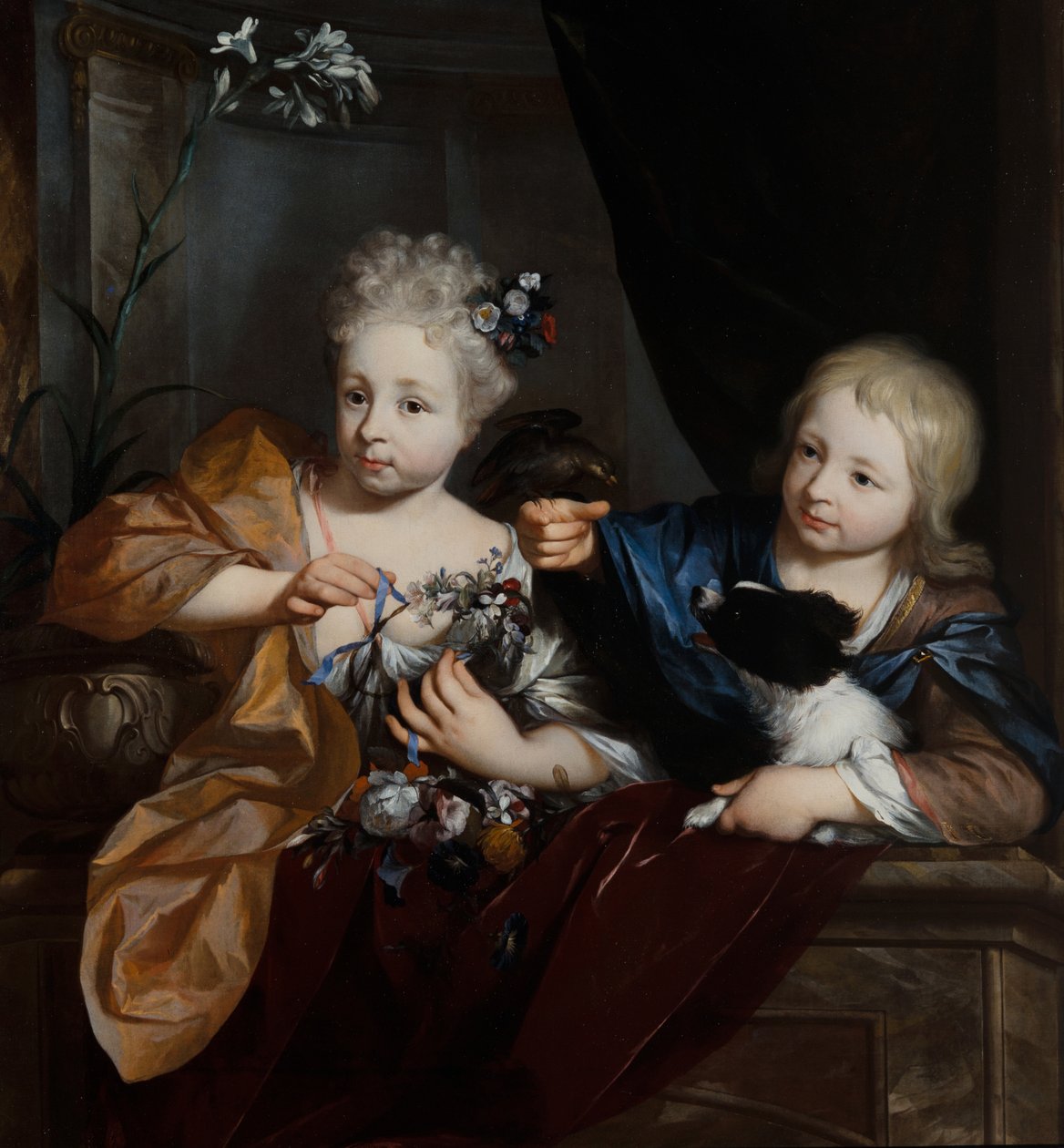 Un ragazzo e una ragazza in un ambiente architettonico da Nicolaes Verkolje