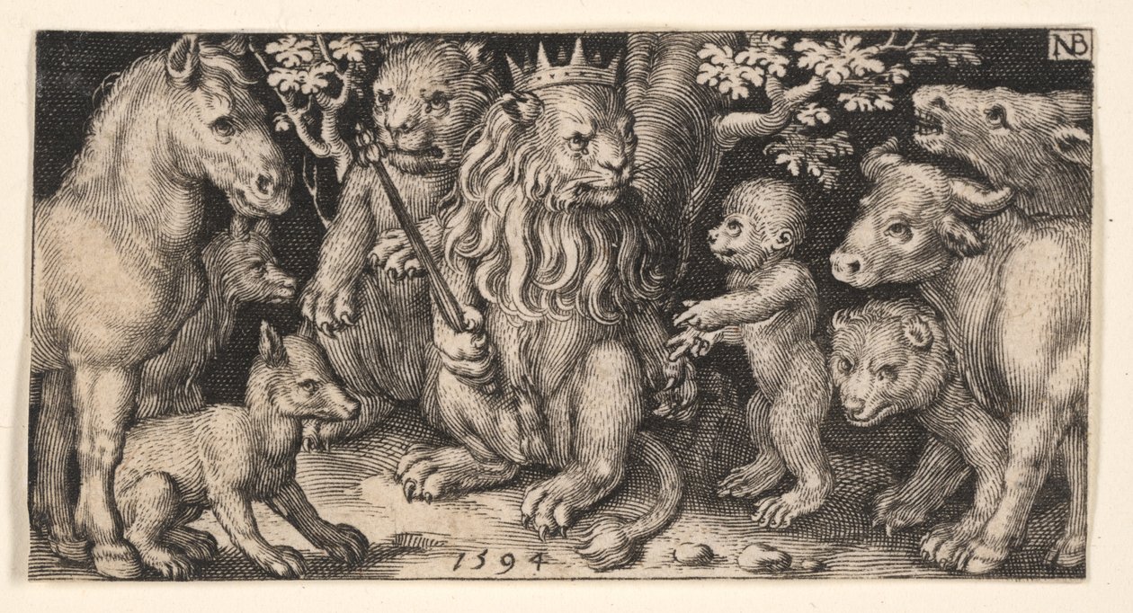 Leone incoronato da Combattere le chimere e scene dalle favole di Esopo da Nicolaes de Bruyn