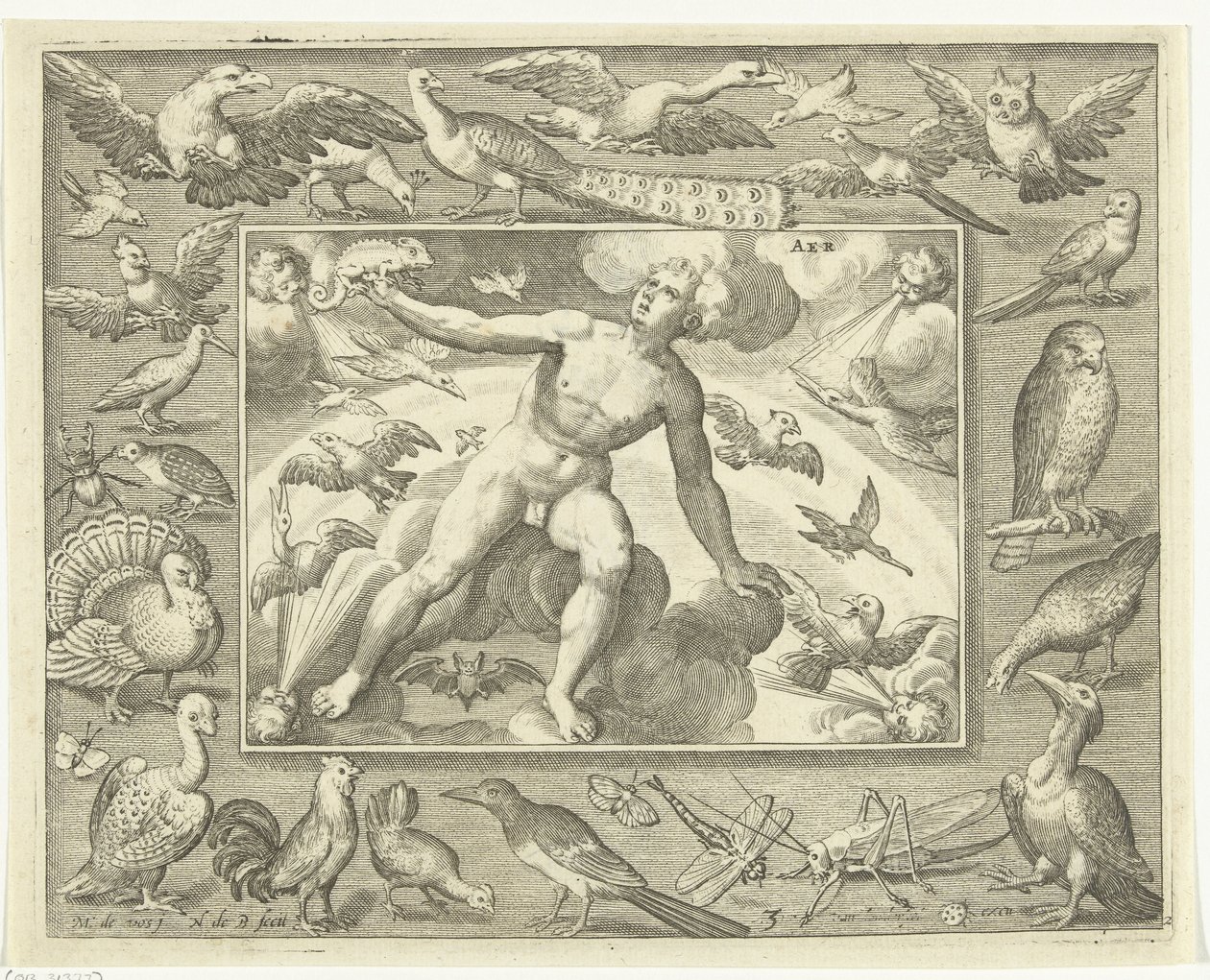 Elemento aria come giovane uomo su nuvole tra uccelli volanti da Nicolaes de Bruyn
