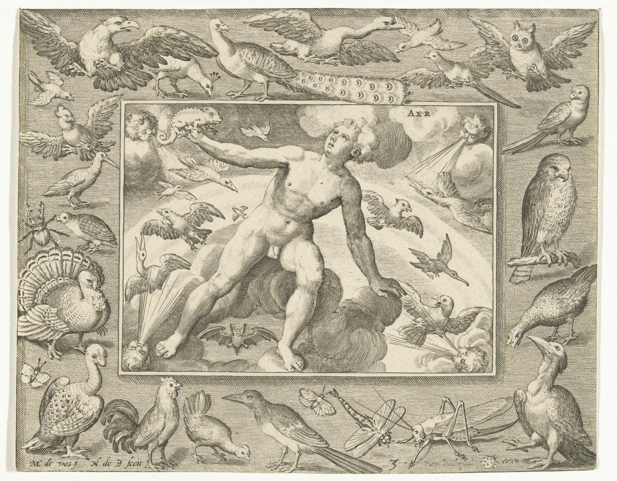 Elemento aria come giovane uomo su nuvole tra uccelli volanti (Aria) (I quattro elementi) da Nicolaes de Bruyn