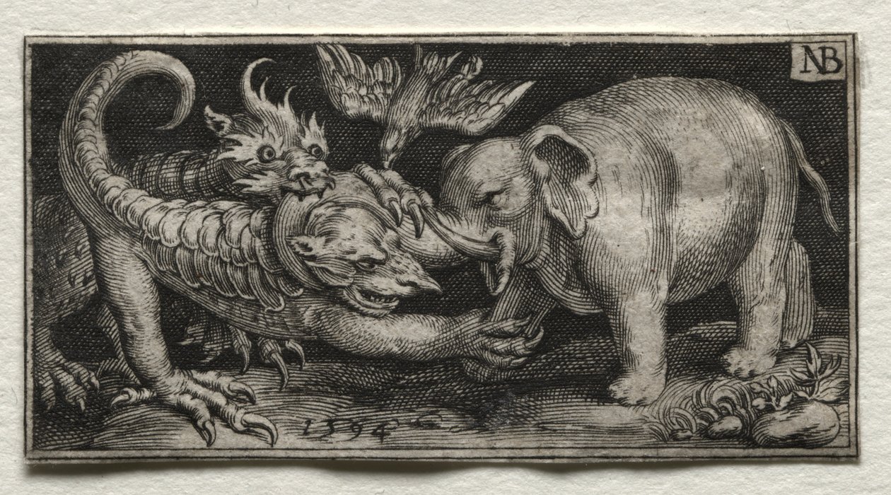 Elefante che combatte due bestie da Nicolaes de Bruyn