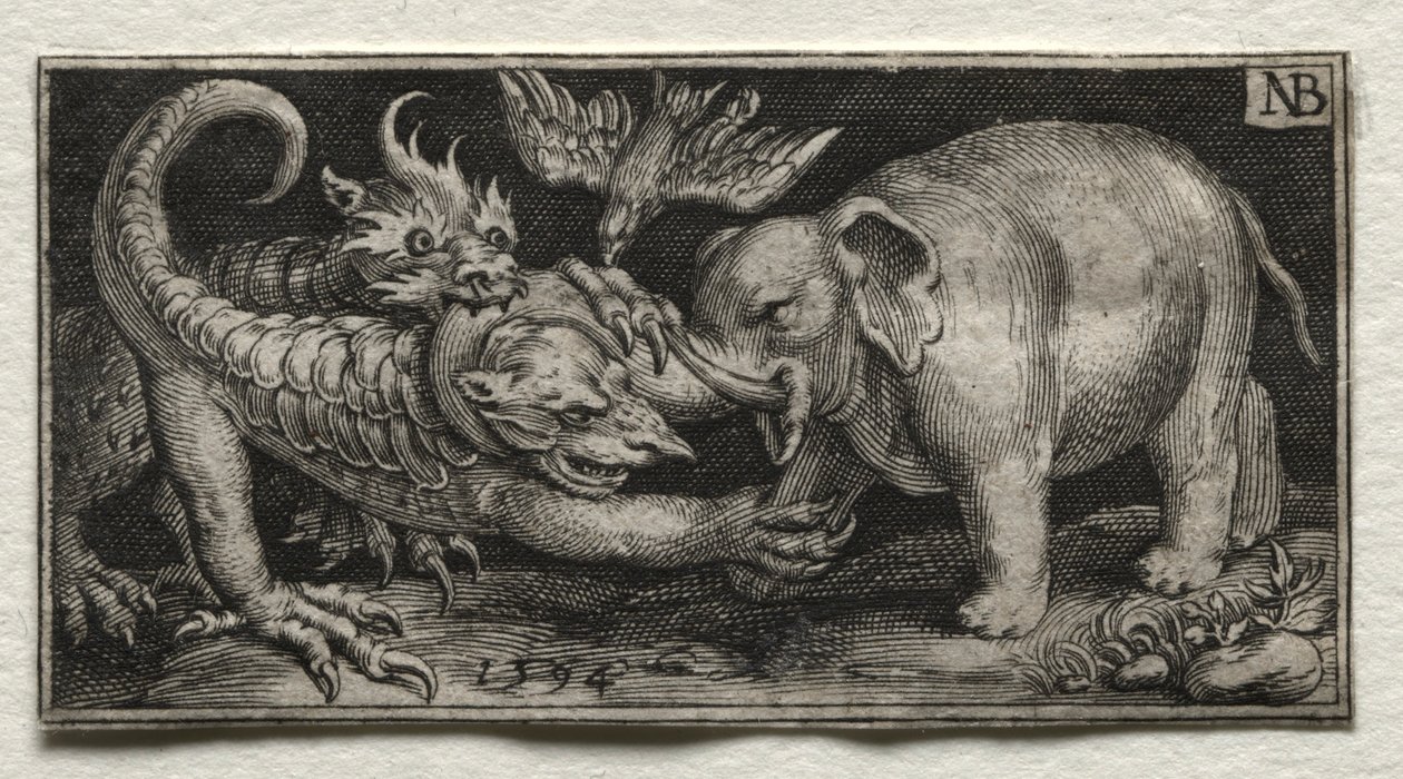 Elefante che combatte due bestie, 1594 da Nicolaes de Bruyn