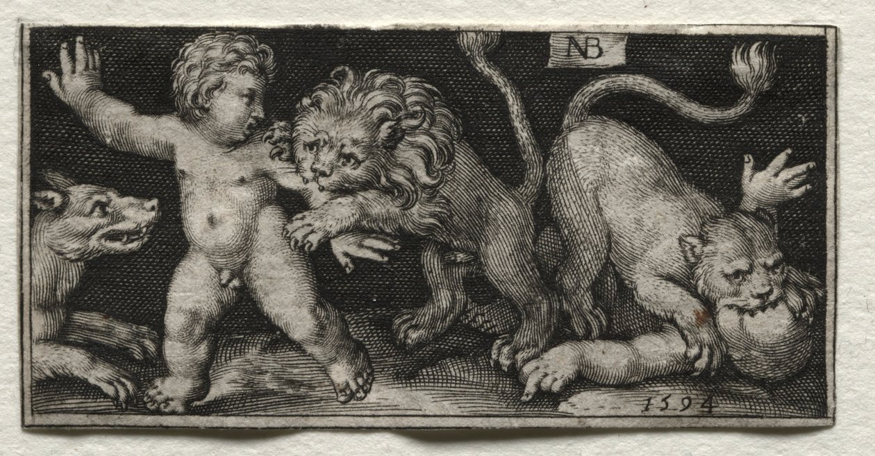 Leoni che attaccano bambini, 1594 da Nicolaes de Bruyn