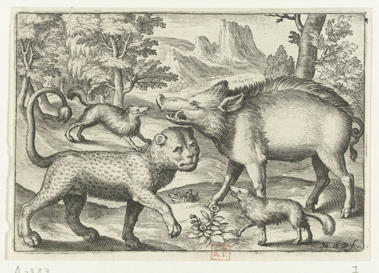 Leopardo, cinghiale e due cani da Nicolaes de Bruyn