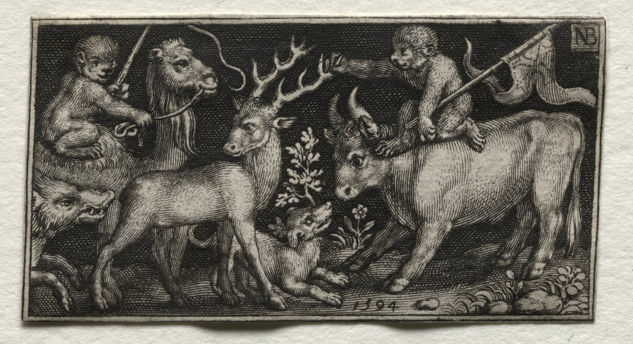 Scimmie che cavalcano un cammello e un toro da Nicolaes de Bruyn