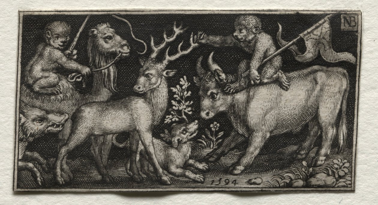 Scimmie che cavalcano un cammello e un toro, 1594 da Nicolaes de Bruyn