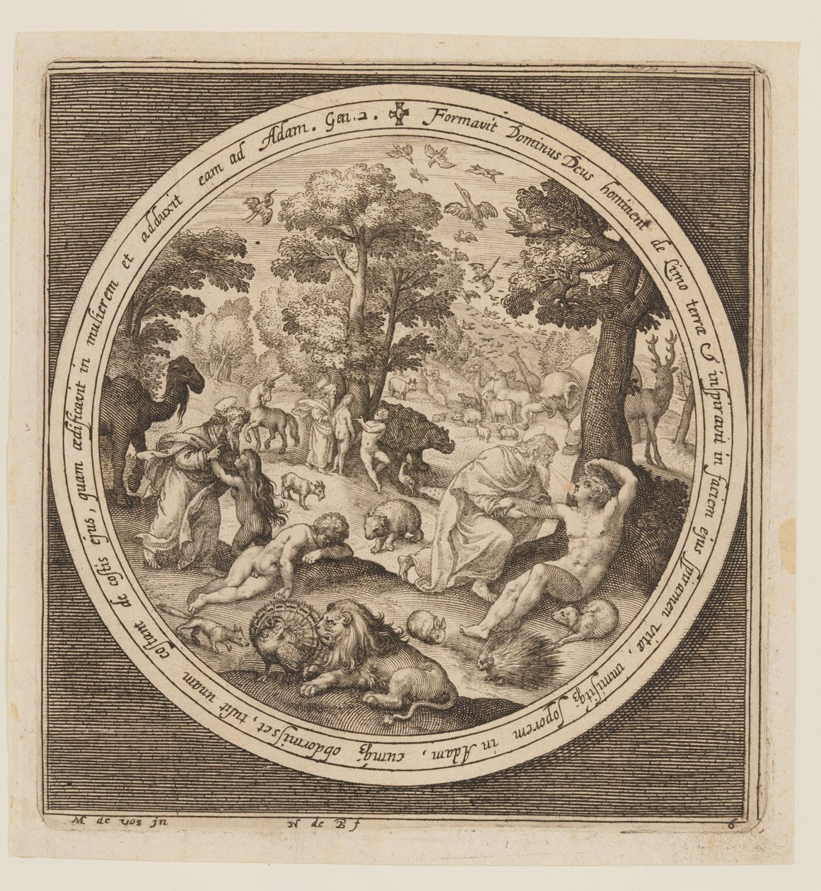 Sesto giorno: La creazione degli animali, Adamo ed Eva, dalla creazione alla cacciata dal Paradiso da Nicolaes de Bruyn