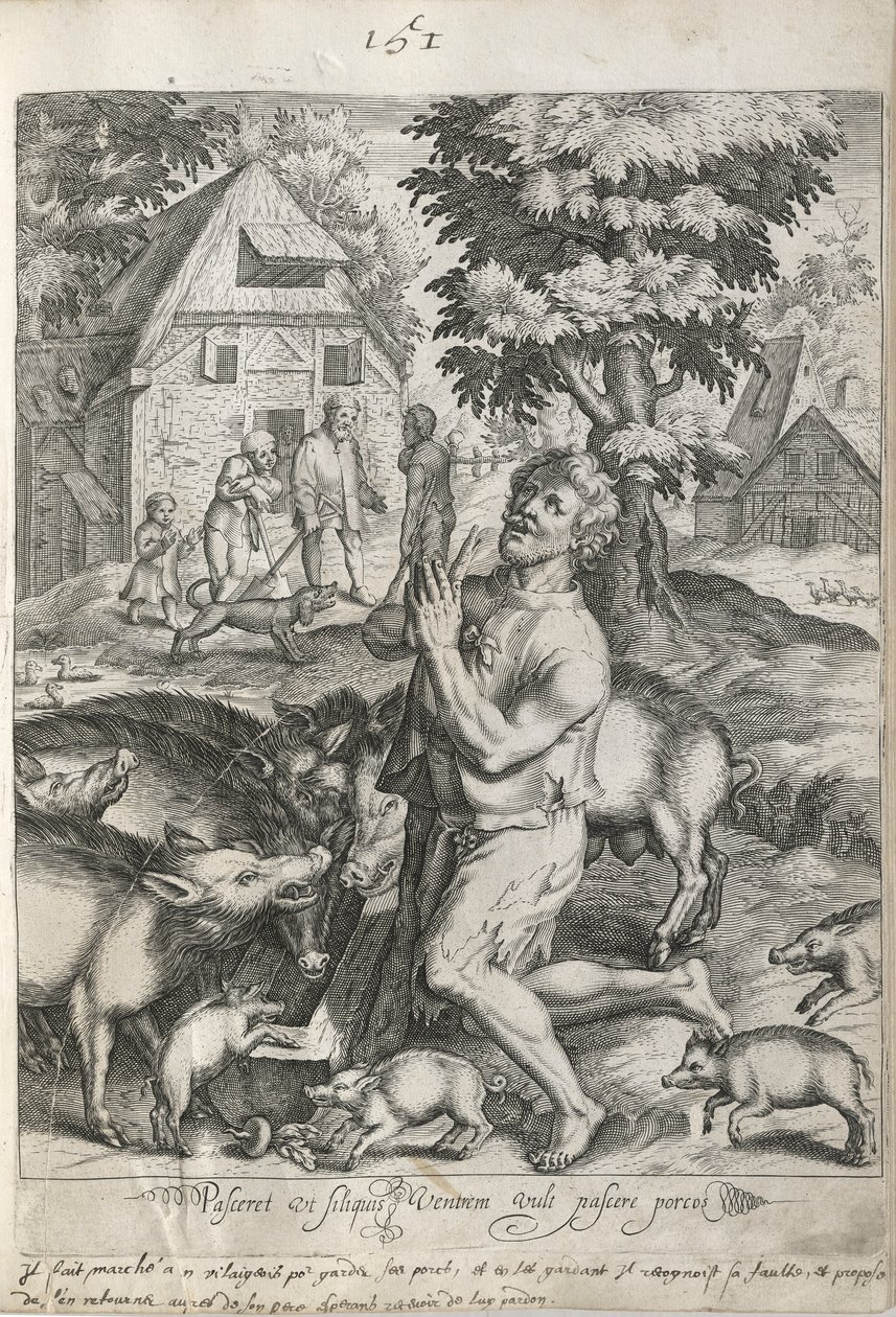 Il figliol prodigo tra i porci, tavola 5 da La storia del figliol prodigo da Nicolaes de Bruyn