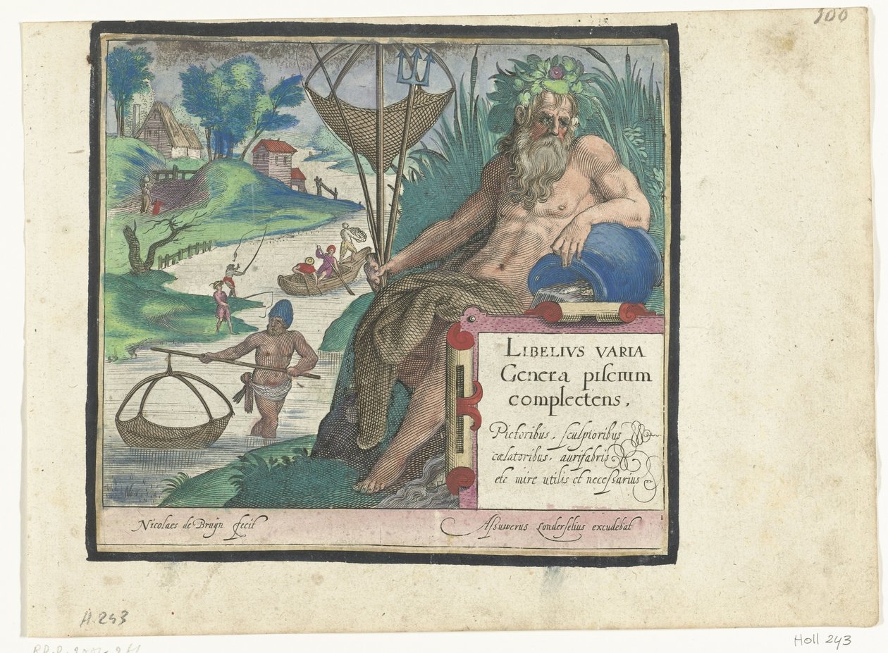 Stampa con titolo e dio del fiume con tridente e rete da pesca in un paesaggio con pescatori da Nicolaes de Bruyn