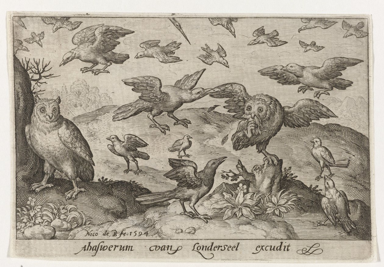 Gufo con preda assalito da altri uccelli da Nicolaes de Bruyn