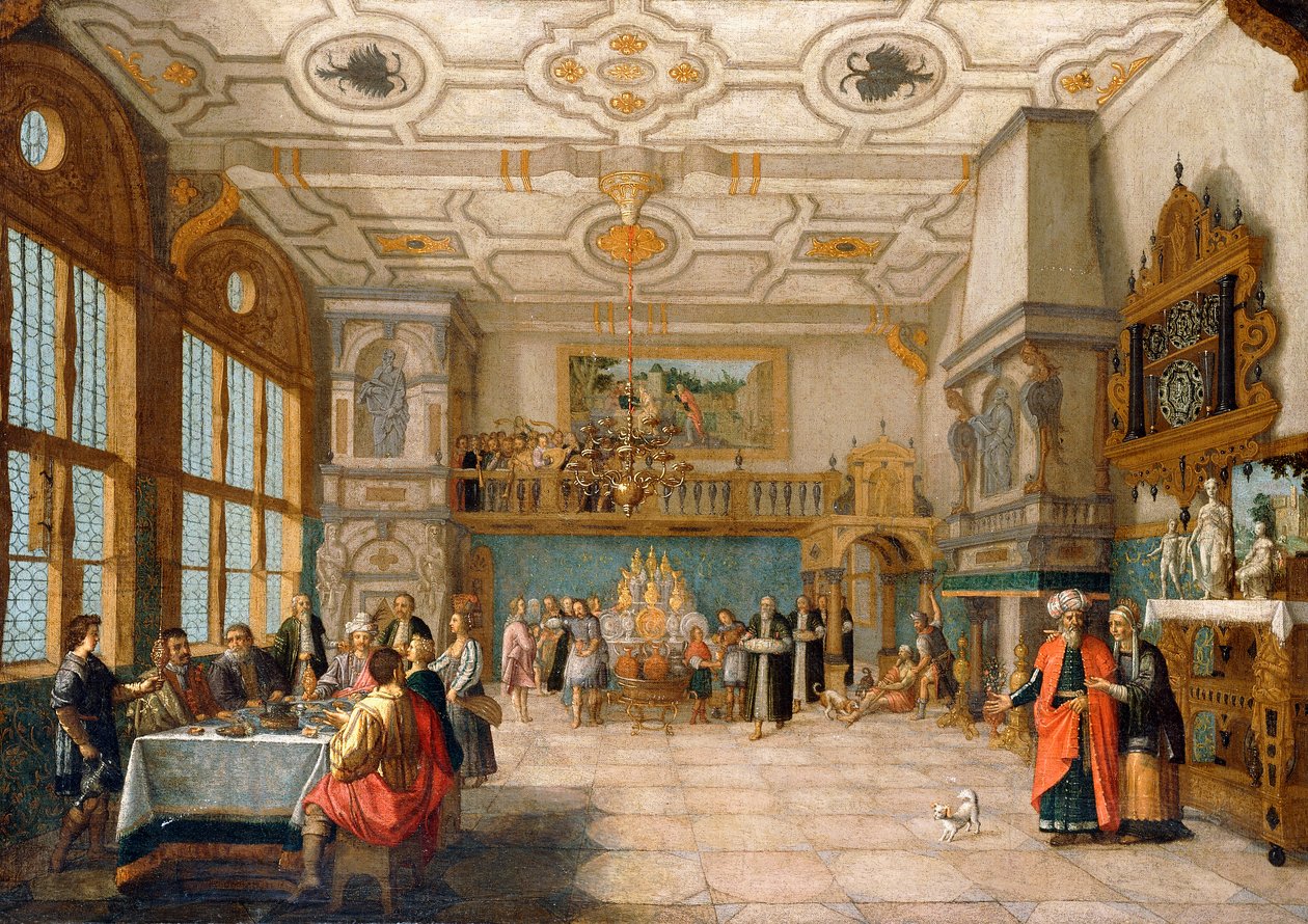 Lazzaro alla porta di una sala da banchetto con figure eleganti che cenano da Nicolaes de Gyselaer