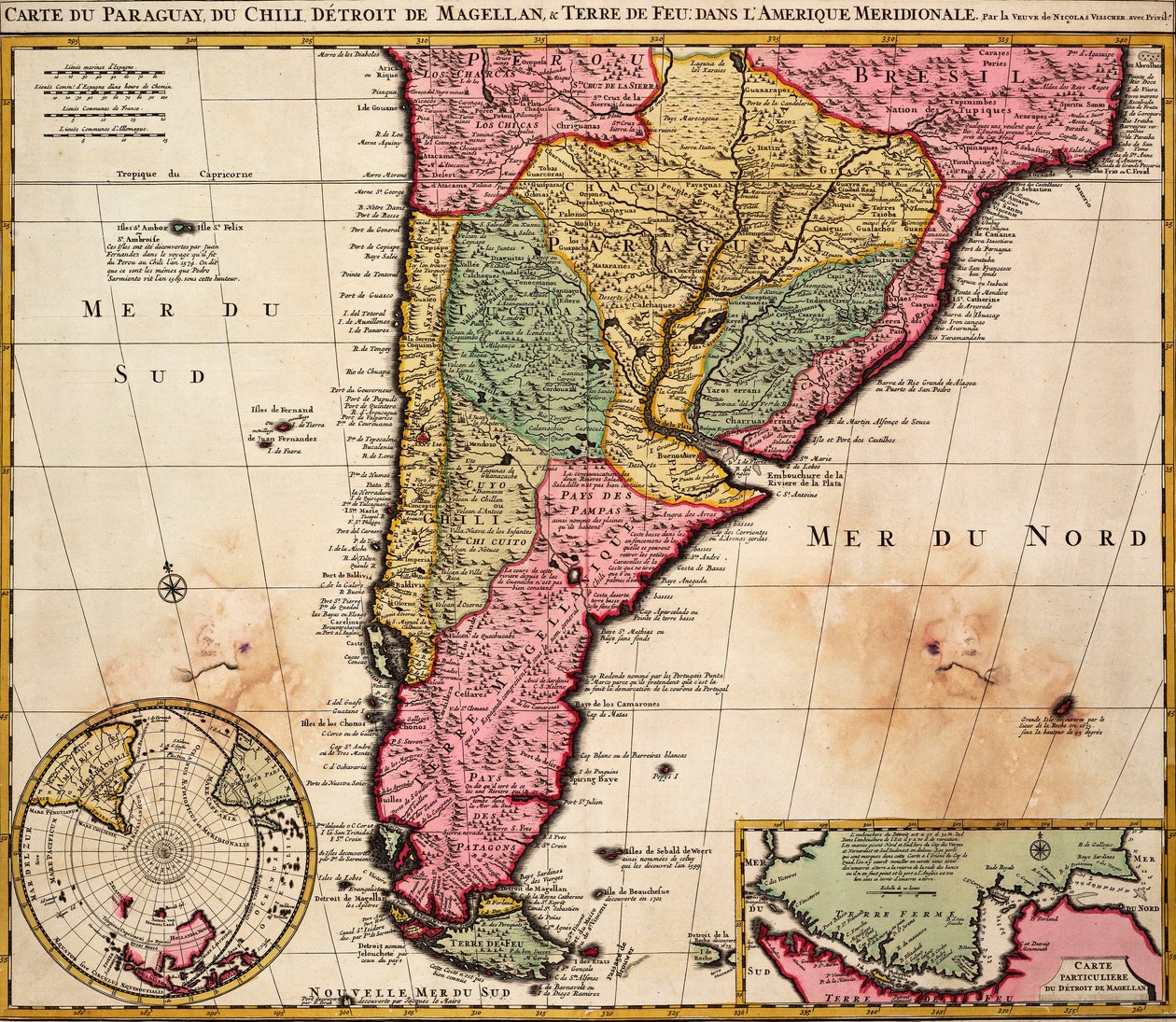 Carta del Paraguay, Cile, Stretto di Magellano e Terra del Fuoco in Sud America da Nicolaes the Younger Visscher