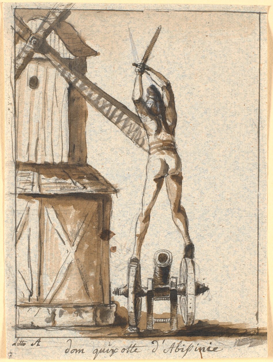 Don Chisciotte, in piedi su un cannone, con la spada alzata contro una pala di mulino da Nicolai Abildgaard