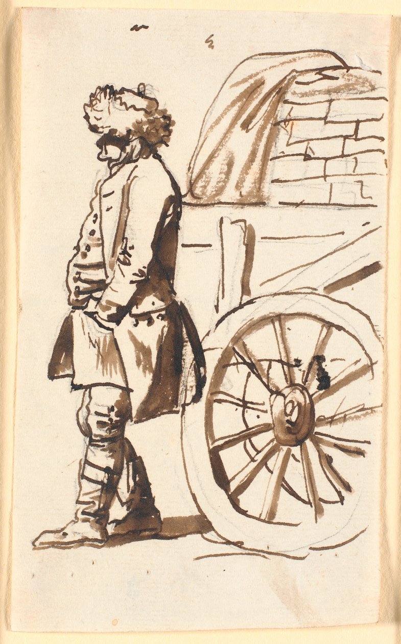 Un contadino con cappello a cilindro, in piedi vicino a un veicolo da Nicolai Abildgaard