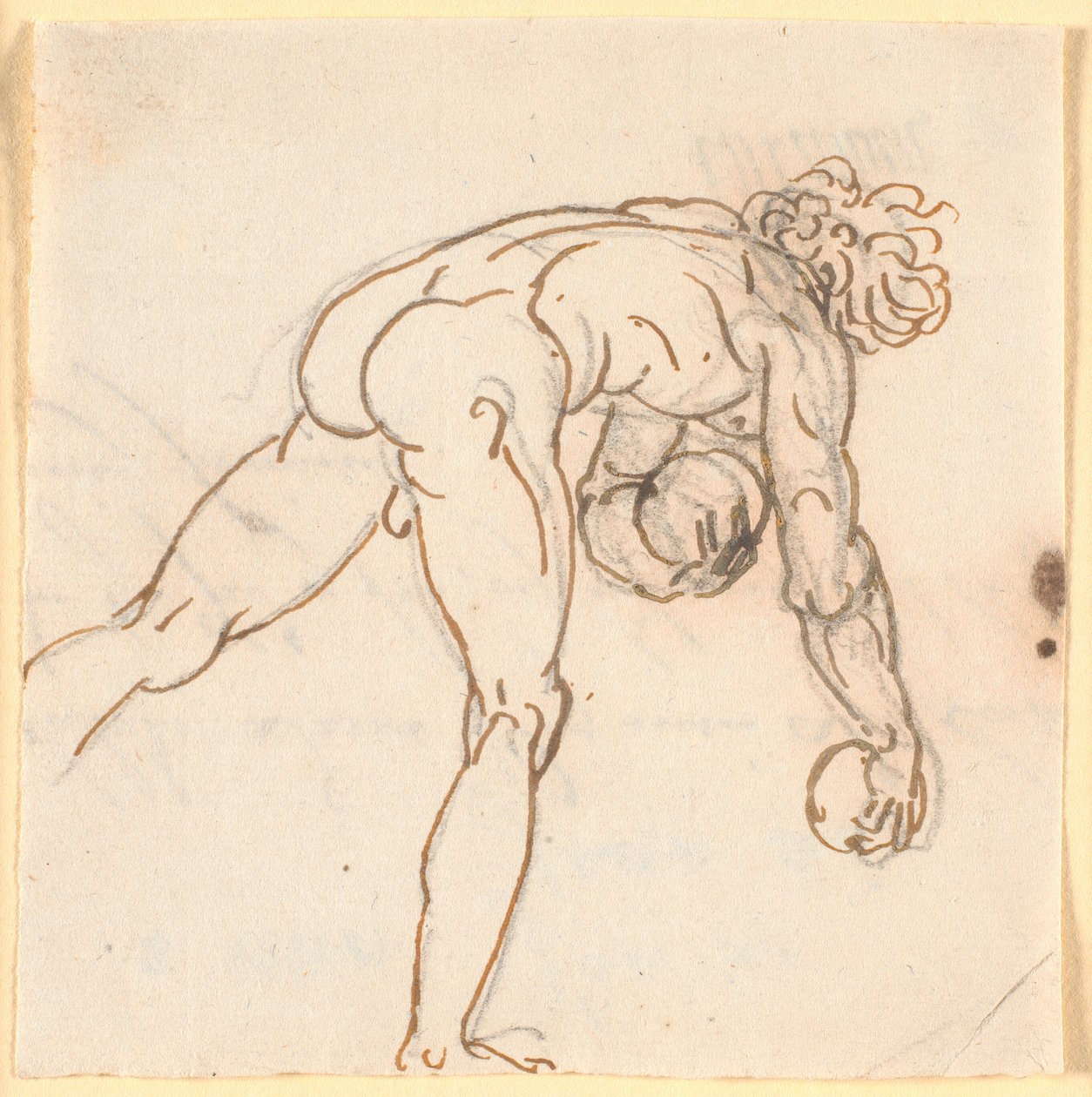 Un uomo nudo che corre (giocatore di birilli?) con pietre nelle mani, visto di spalle da Nicolai Abildgaard
